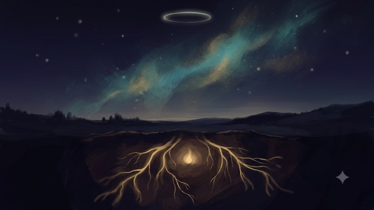 Glowing gold roots reaching down into dark earth from a hidden hearth-light, a faint halo high in the sky above.