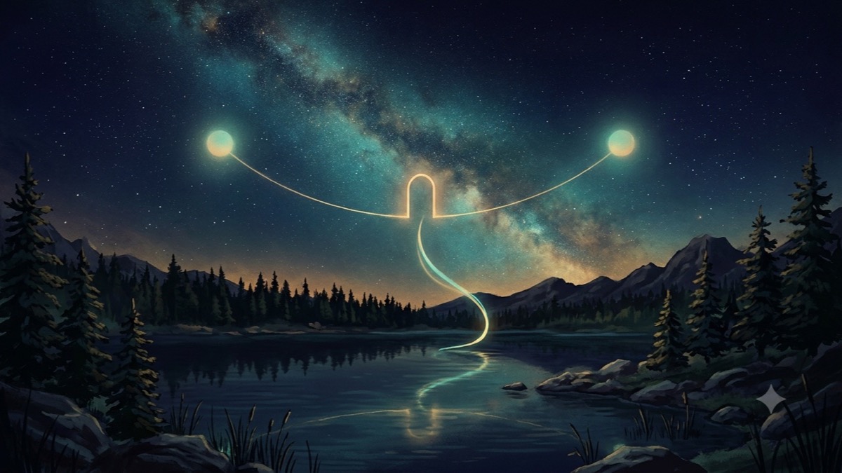 Two glowing orbs over a still lake, joined by a thin gold bridge with a faint open archway of light at its midpoint.
