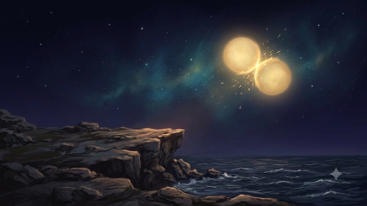 Two glowing orbs pressing into a right-angle seam of light above dark cliffs, sparks flaring from the tension.
