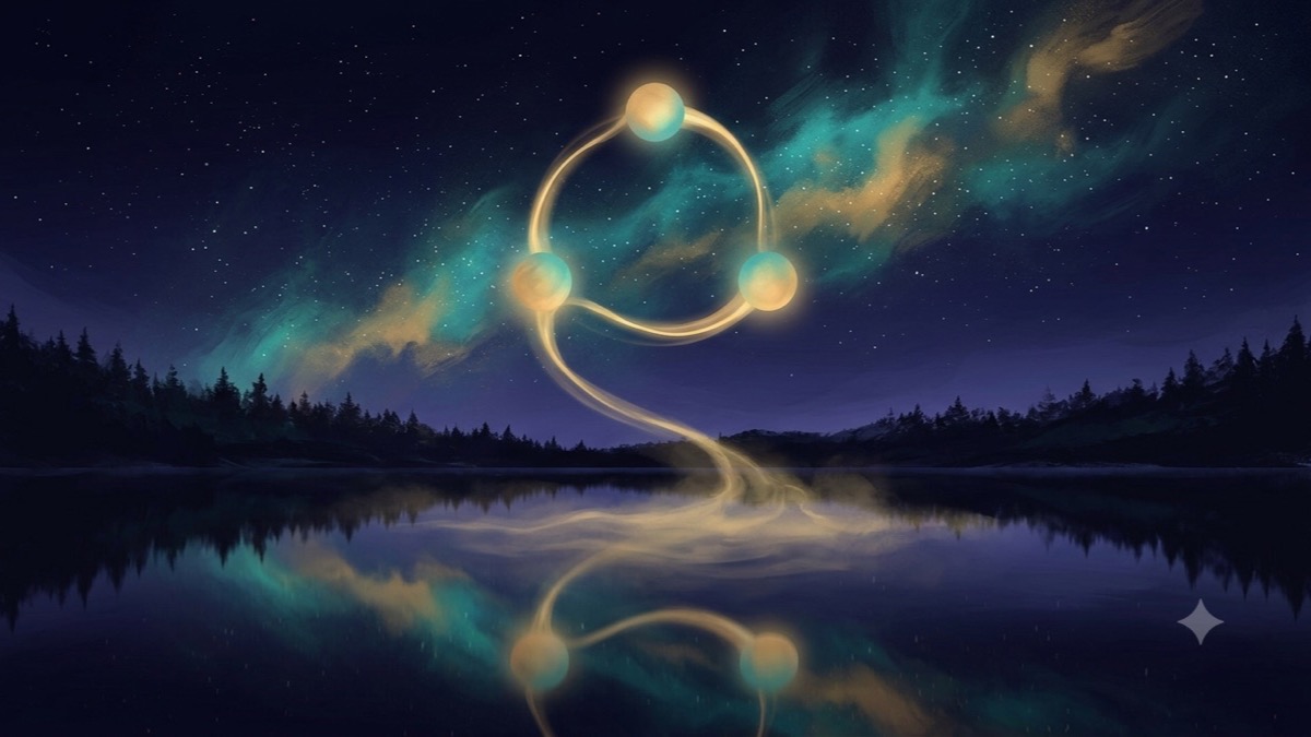 三颗和谐的发光星体构成三角,金色光流毫不费力地在它们之间流动,最终在静湖上化为无人取用的薄雾。