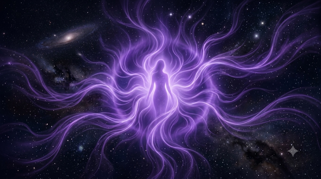 purple aura energy field around a faint human silhouette, intuition and perception
