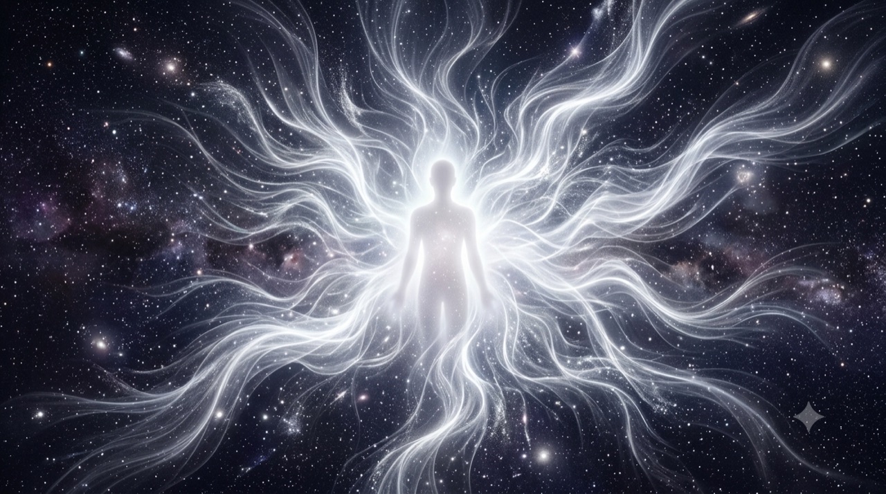 white aura energy field surrounding a faint human silhouette, integration and transition