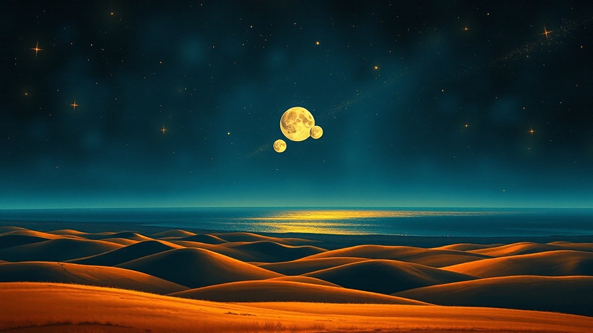 Three luminous celestial orbs cluster above rolling amber hills beneath a deep indigo night sky
