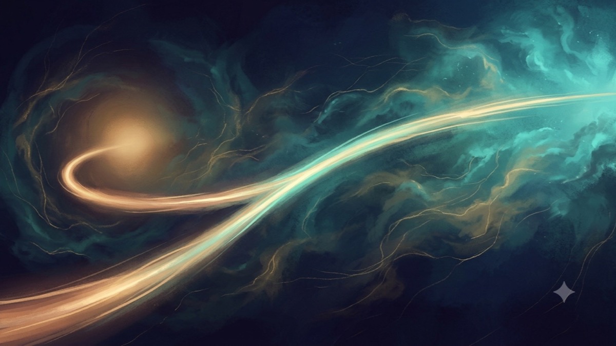 Two diverging cosmic trails — warm gold comfort path and expansive teal growth arc — evoking the astrology life-direction question