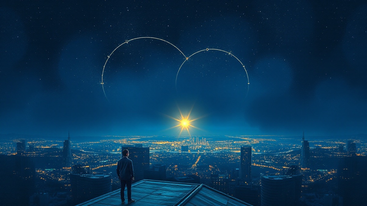 Indigo night skyscape above a city horizon with a single gold luminous point evoking a birth chart as a persona lens