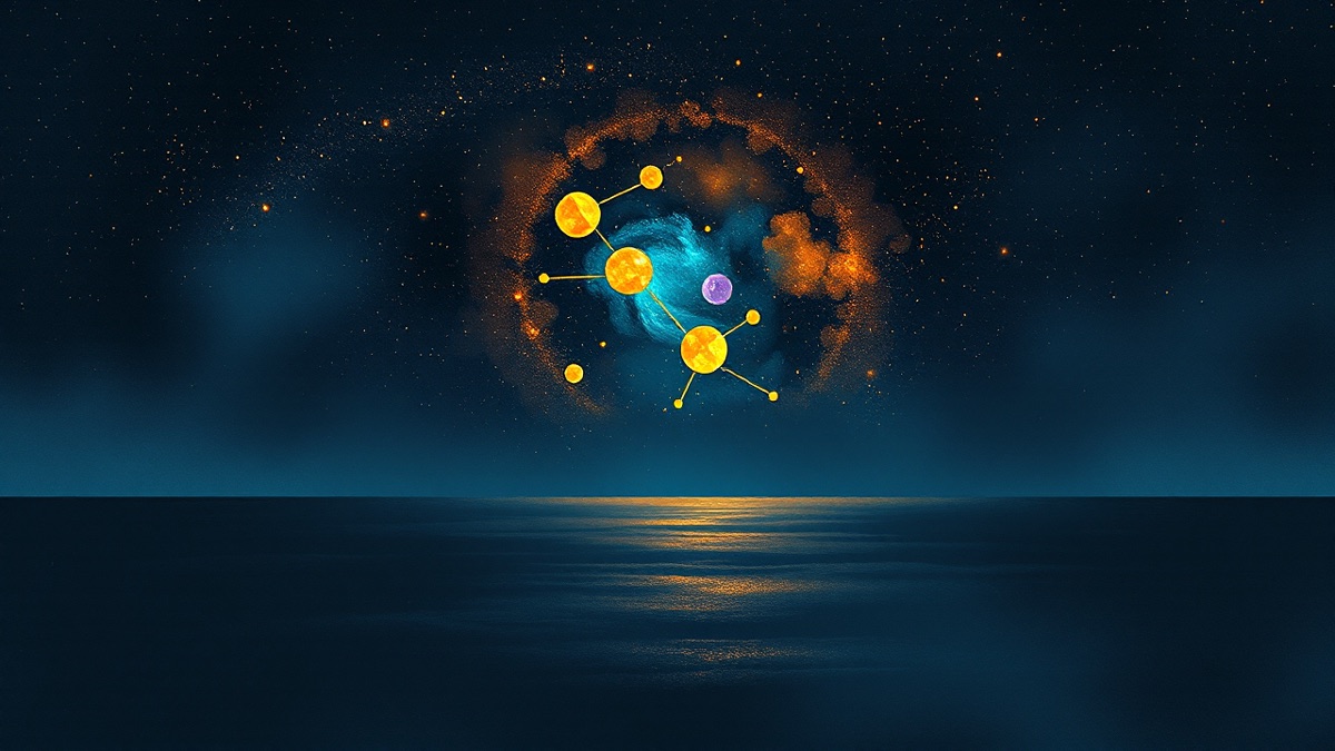 Four glowing planets converging into one luminous cluster above a dark ocean, symbolizing a Scorpio stellium