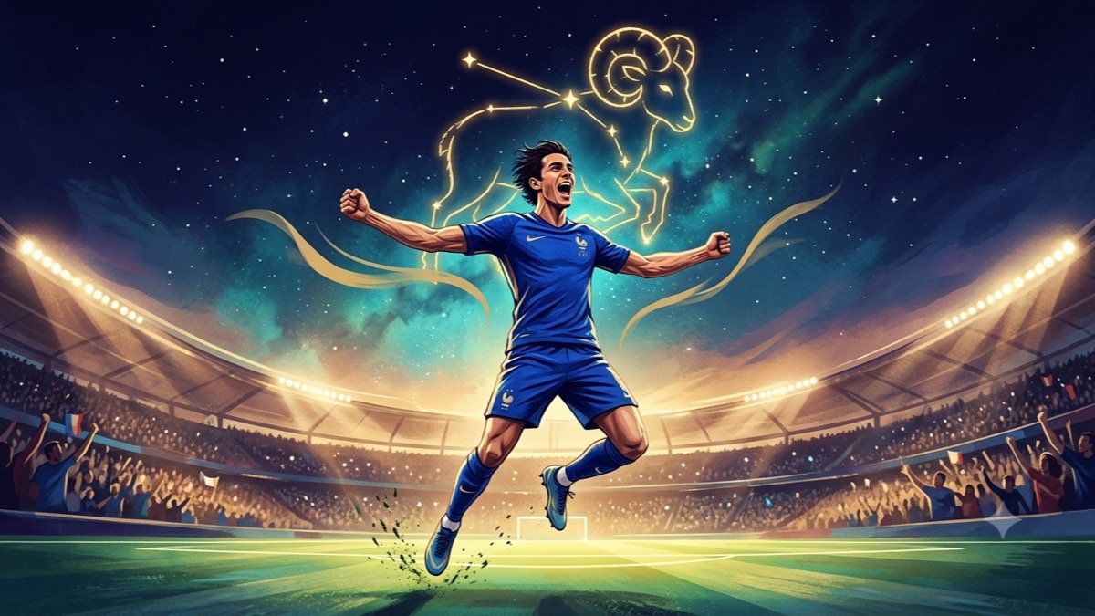 Stylized editorial portrait of Antoine Griezmann birth chart — Aries footballer celebrating under a celestial night sky