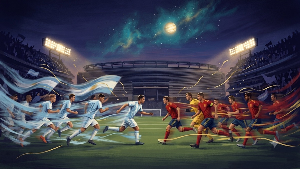 Argentina vs Spain 2026 World Cup Final astrology: two national teams under a Jupiter-lit stadium sky