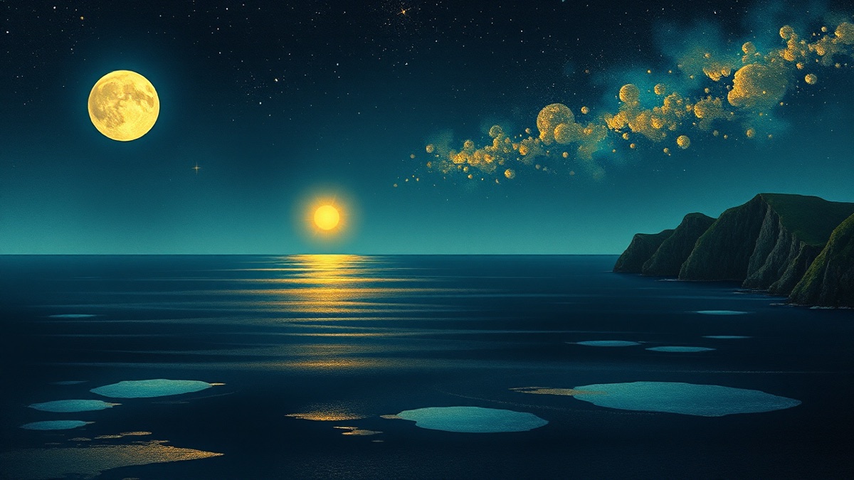 Arthur Fery birth chart as four glowing orbs over a dark coastal sea, gold-teal reflections under an indigo sky