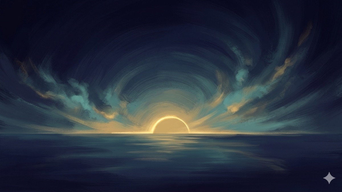 Golden arc of light rising precisely on the eastern horizon over a still ocean, anchoring the deep-indigo sky around one luminous threshold