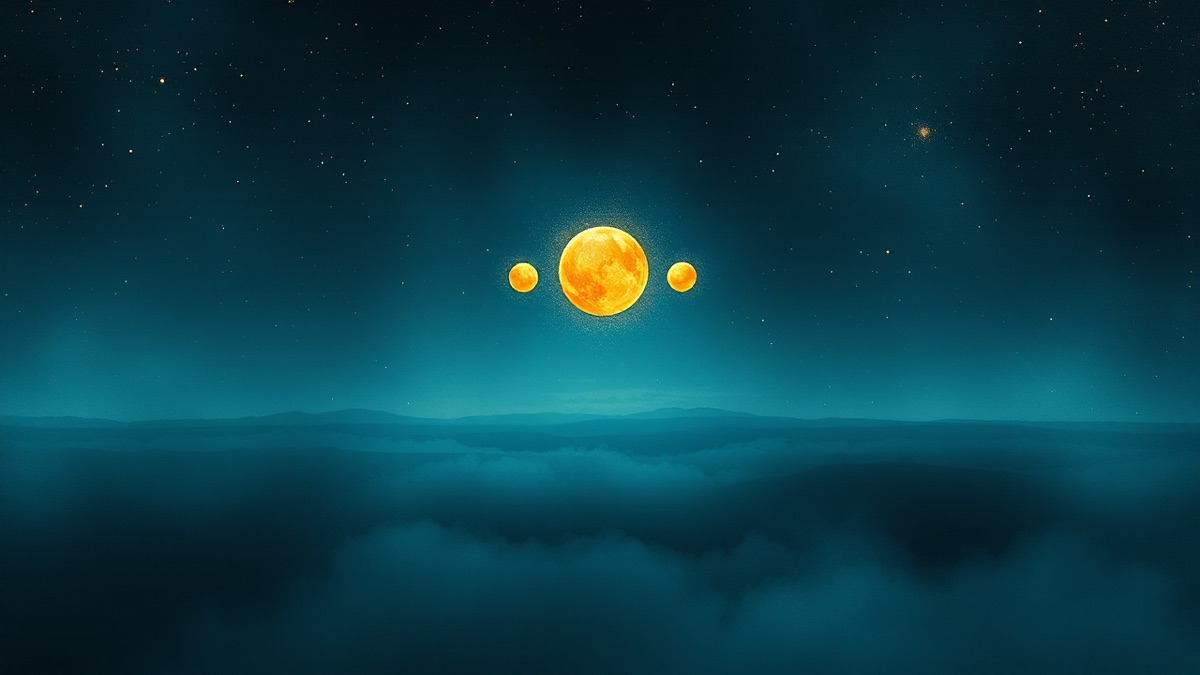 Three golden orbs in balanced celestial alignment over an indigo horizon, representing Ayo Edebiri's Libra Sun, Mercury, and Venus cluster