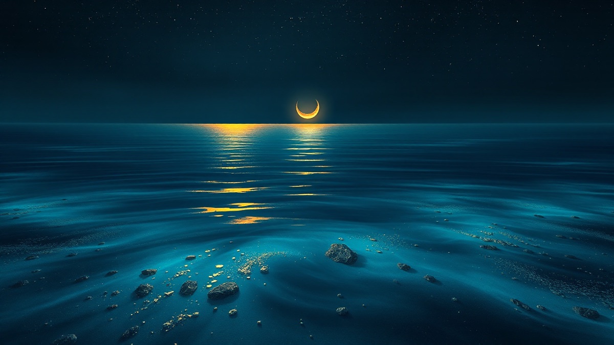 Nocturnal seascape with golden moonlight on the calm surface and teal currents glowing in the depths below
