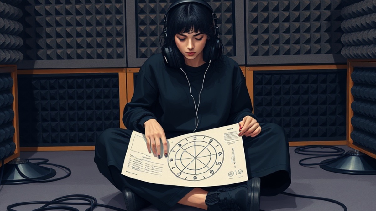 An alt-pop-musician archetype sits on the floor of a home recording booth studying an unlabeled circular natal chart beside a plain birth-data card.