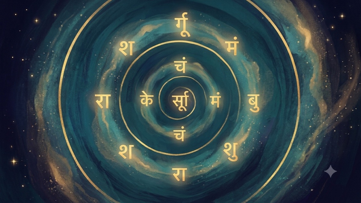 Glowing Vedic planetary symbols spiral outward through indigo starfields, evoking the layered craft of Kundli birth chart interpretation
