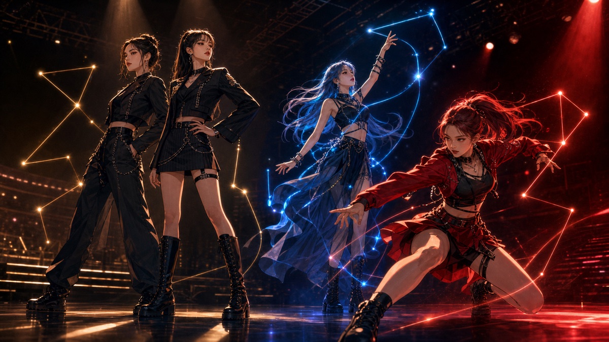Four stylized performers on one concert stage, showing two composed Capricorn-inspired roles beside expressive blue Aquarius and dynamic red Aries energy.