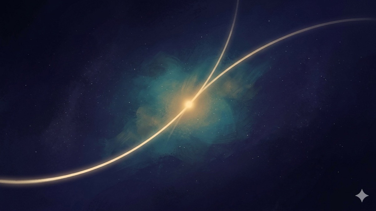 Two orbital arcs crossing in a vast indigo night sky, their glowing intersection marking the North Node as a single luminous point
