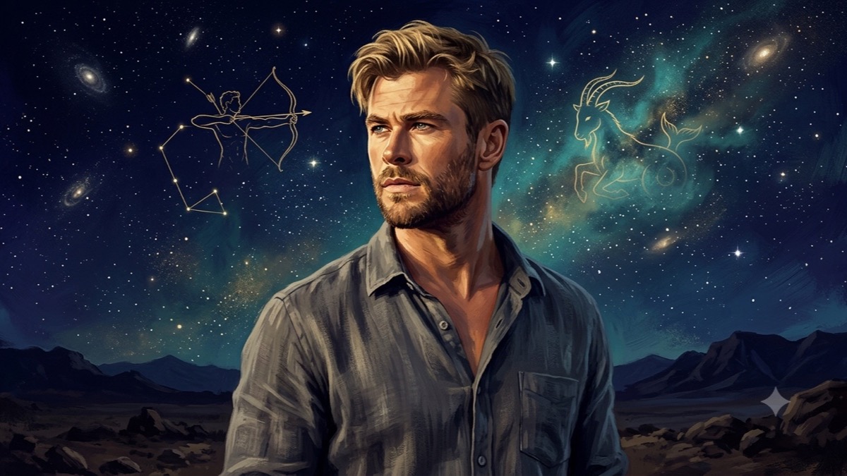 Stylized editorial portrait of Brad Pitt amid Sagittarius archer and Capricorn sea-goat cosmic motifs in indigo and gold