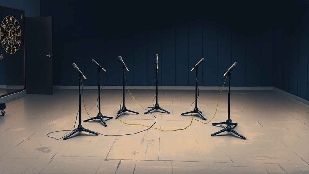 Seven microphone stands arranged in a loose arc on an empty rehearsal-room floor, a gold cable threading between them beneath a small zodiac wheel.