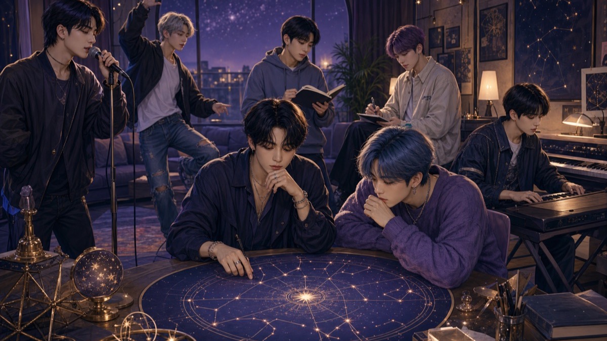 Seven original K-pop performer archetypes study a glowing birth-chart map in a rehearsal studio, with music practice scenes around them.