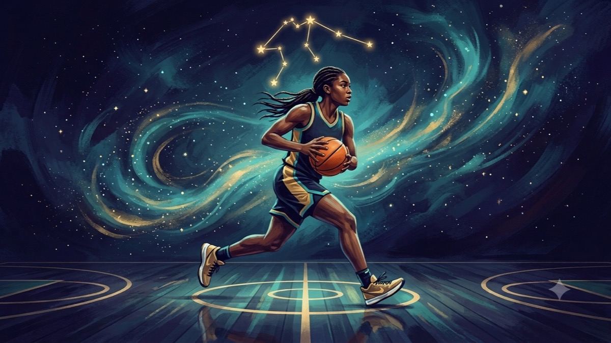 Stylized portrait of Caitlin Clark as a basketball player with Aquarius constellation glowing overhead in a celestial indigo scene