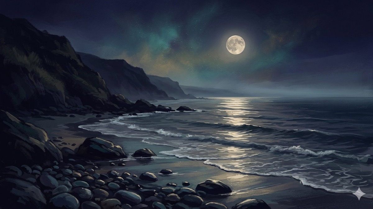Moonlit tidal shore at dusk with silver-gold reflections on dark water, evoking Cancer Rising's shifting lunar quality
