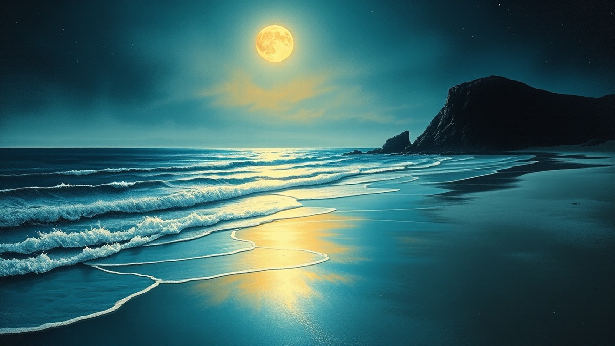 月光下午夜涨潮的海岸，温暖金光在地平线消散，银色薄雾漫入，映照2026年巨蟹座星季的情绪高涨时刻