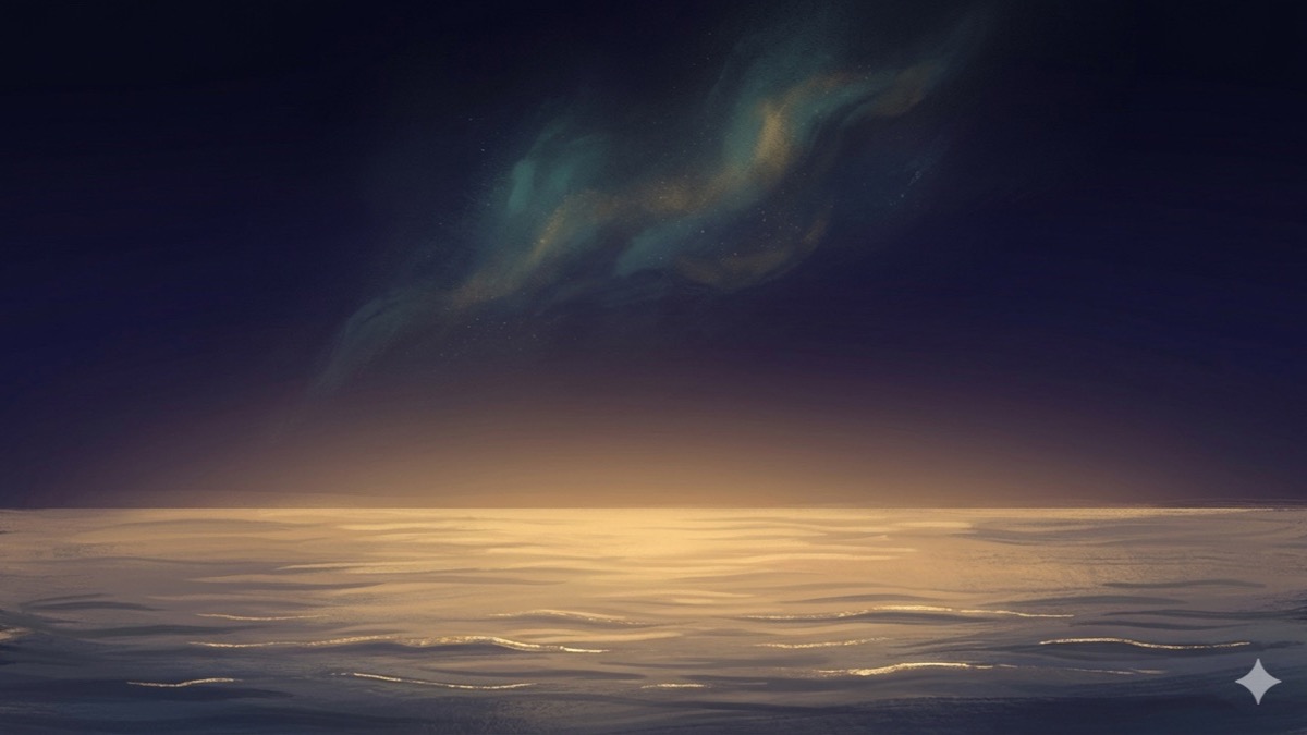 Amber-gold tide spreading across a calm water-horizon under a deep indigo nebula sky, a symbolic Cancer season