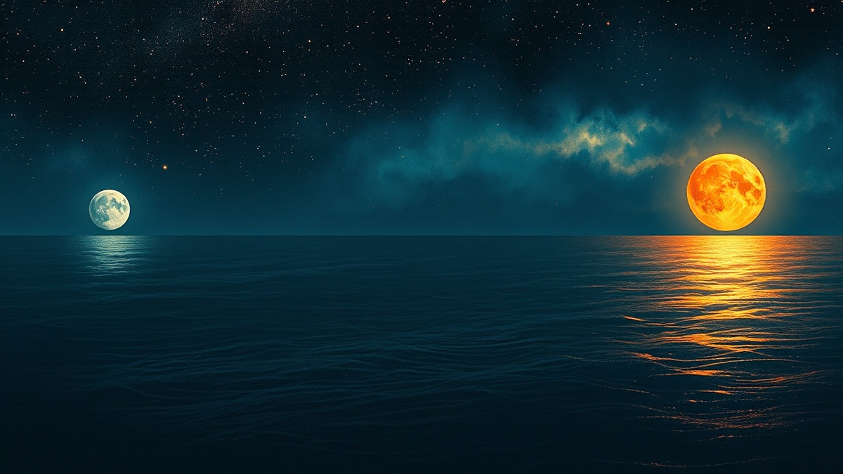 Cosmic ocean landscape with silver and amber orbs on opposite horizons under a deep indigo sky, evoking Libra-Aries opposition