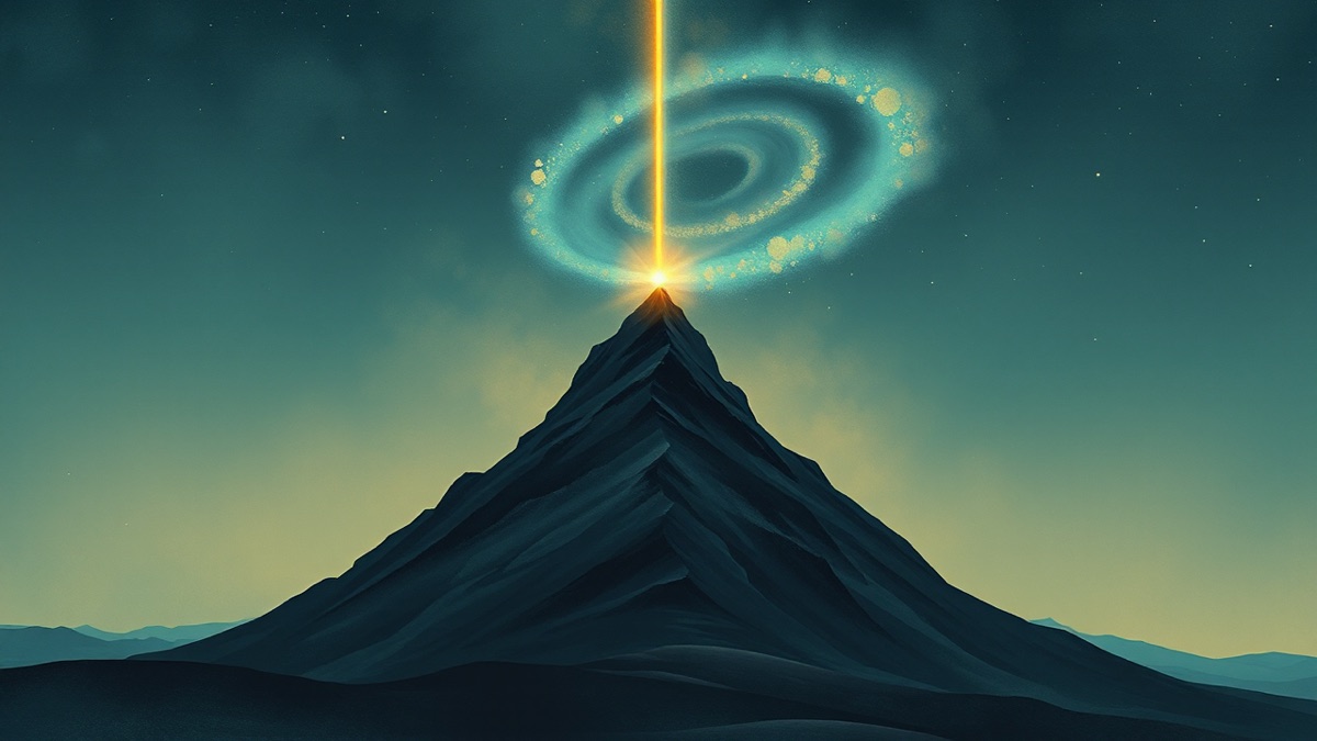 A mountain peak aligning with a golden zenith beam under an indigo sky, symbolizing Alcaraz's Taurus Sun–Midheaven conjunction