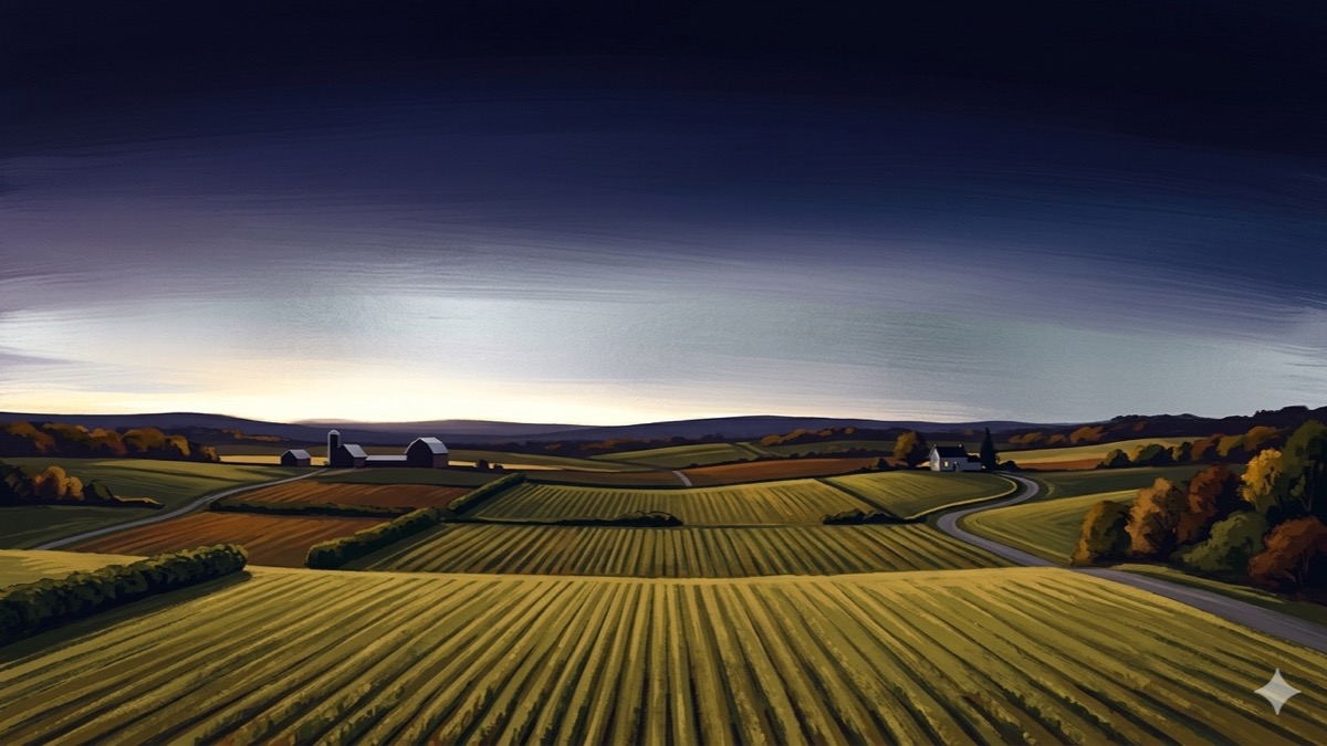 American autumn landscape at dusk over rolling Pennsylvania hills, a quicksilver Mercury-toned sky in cool silver-grey blending into deep indigo above golden-green ordered fields