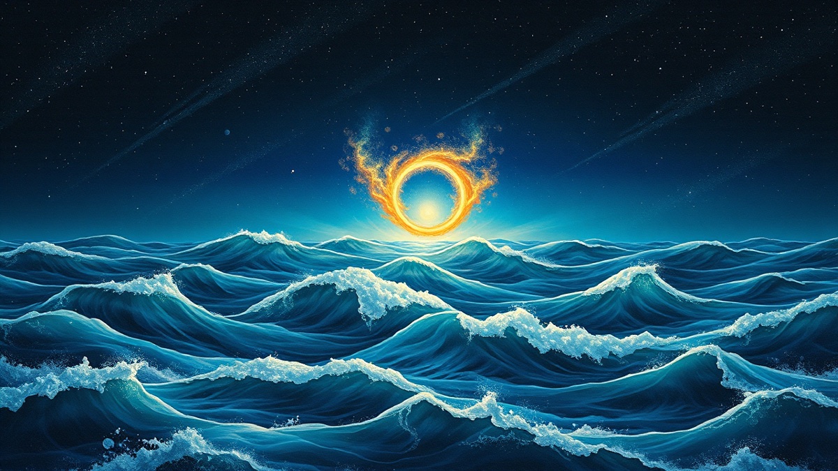 Coco Gauff birth chart concept: silver intuition and golden fire merge as one aurora over a deep midnight ocean