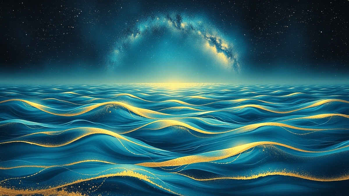 Luminous teal-gold ocean currents rising into a star-filled indigo sky, evoking Pisces intuition and fluid adaptability