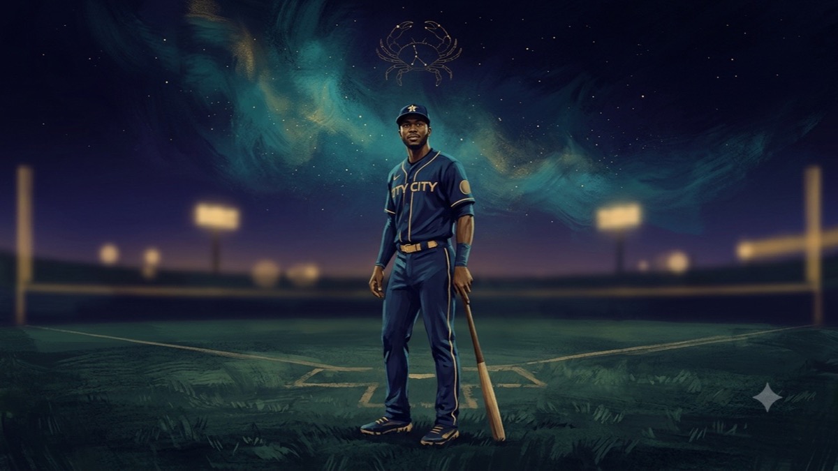Stylized editorial portrait of a baseball outfielder under a Cancer night sky with teal and gold nebula light