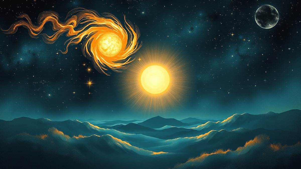 Two glowing celestial presences converge beneath Jupiter in Cancer, symbolizing Colombia and Portugal's contrasting temperaments