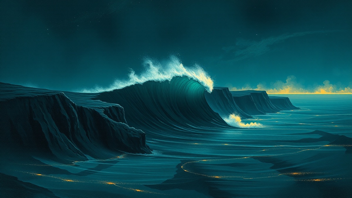 Dark coastline at night, a single luminous wave cresting in teal-gold light — Darwin Núñez's Cancer intensity and Venus in Leo flair