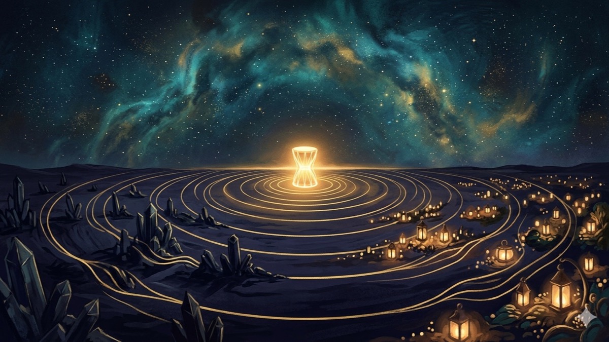 Golden rhythmic wave-rings pulse from a luminous horizon across a dark cosmic plain bridging two glowing realms in deep indigo sky