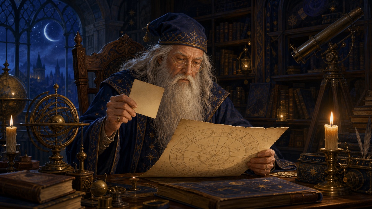 An original elderly wizard-headmaster archetype compares a plain birth-data card with a circular star chart in a castle library.