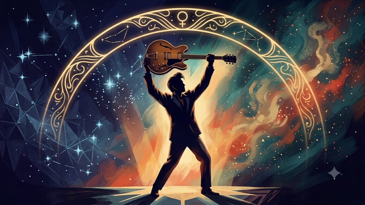 Stylized editorial portrait of Elvis Presley beneath Sagittarius fire and a golden Purva Ashadha nakshatra arc