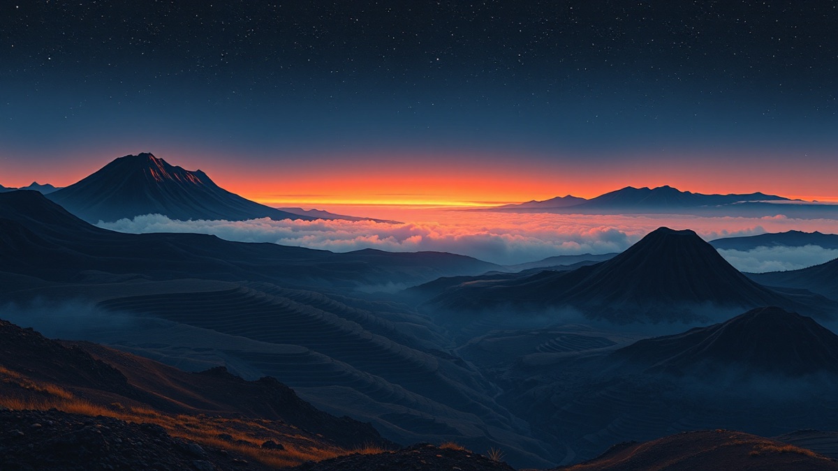 Volcanic highland at dawn with geometric terraces under a starry indigo sky, illustrating Aries fire channeled through Virgo precision