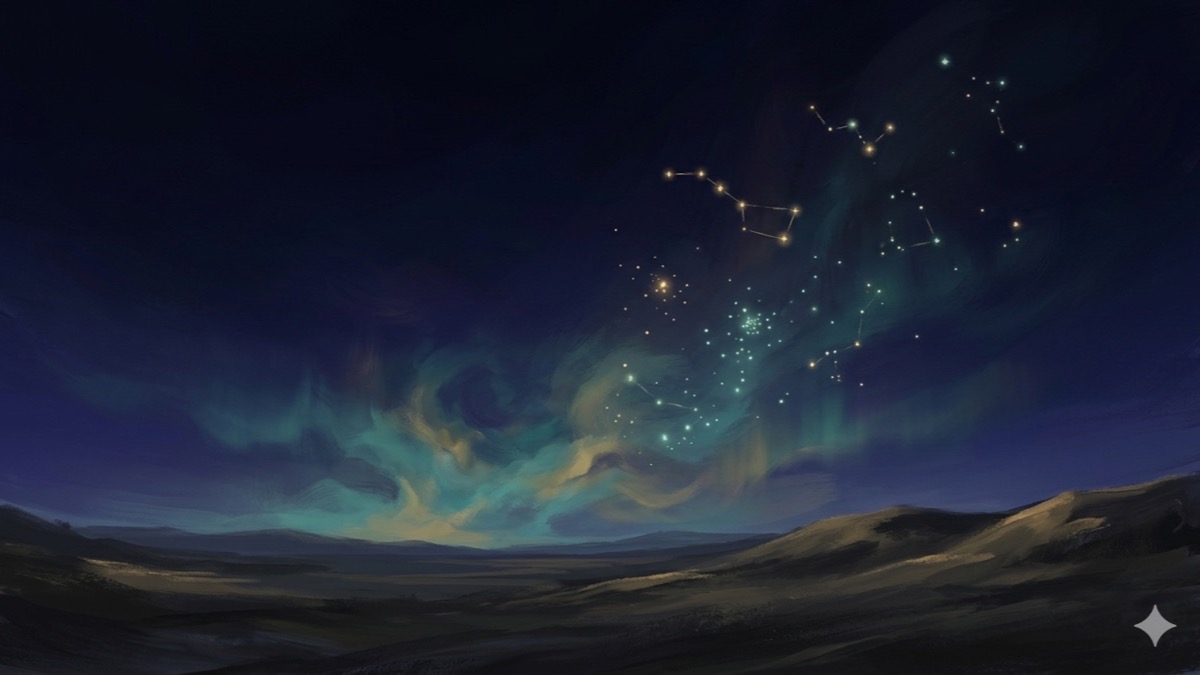 Nebula clouds crystallizing into distinct constellations over a twilight horizon, evoking the practice of naming feelings precisely