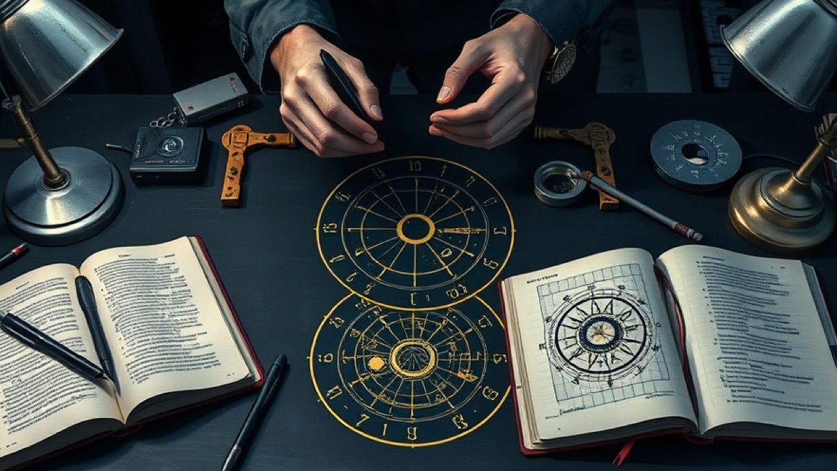 Hands hold brass markers over two half-overlapping unlabeled zodiac wheels on a cluttered creative worktable lit by twin desk lamps.