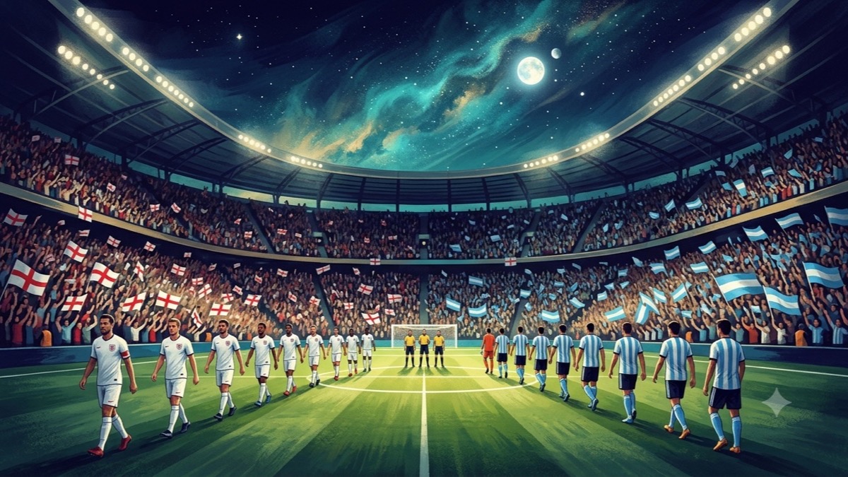 World Cup stadium night scene with England and Argentina players meeting on the pitch under a Jupiter-lit cosmic sky