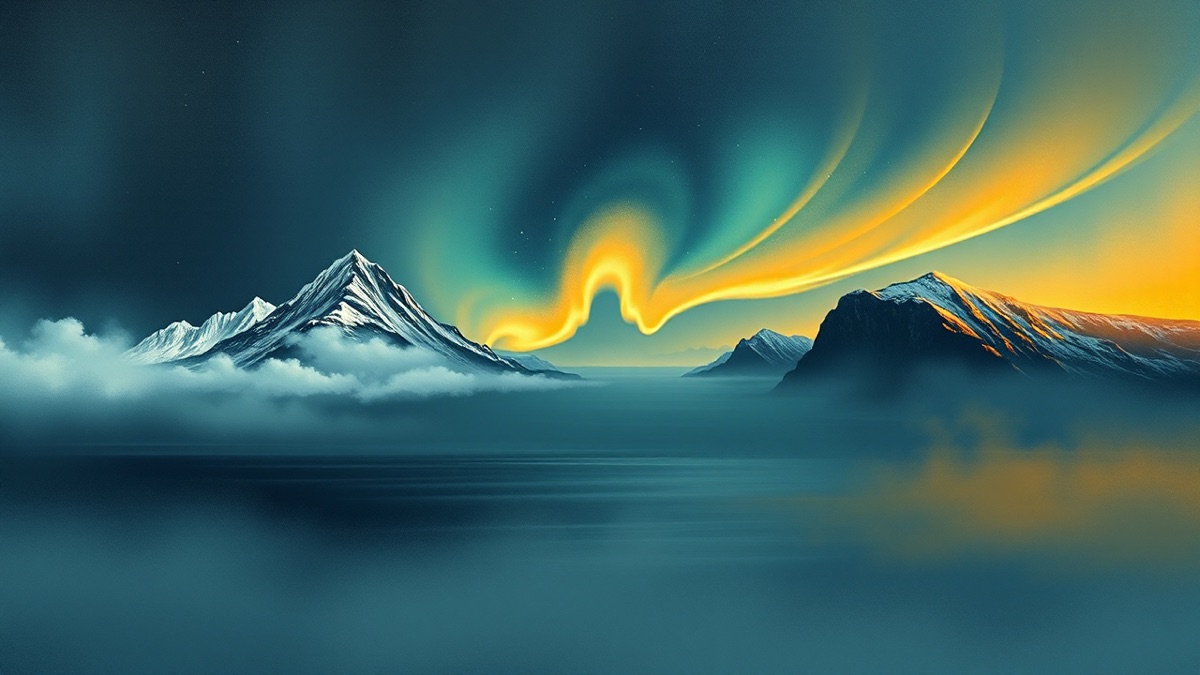 Two glowing coastal archetypes — a misty island and a fjord coast — facing each other under one shared twilight sky