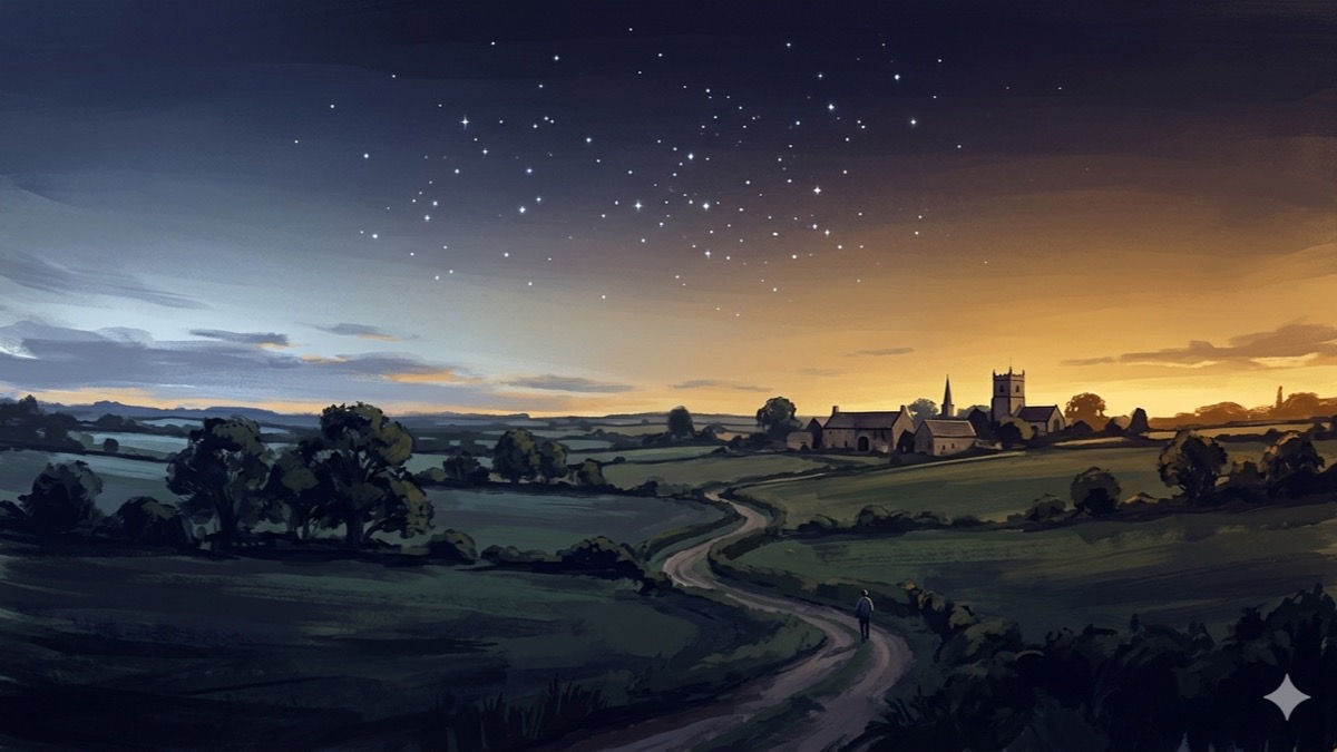 English countryside at dusk under a vast sky washing from Cancer silver-blue to Leo amber-gold, bright stars scattered like a squad's constellation