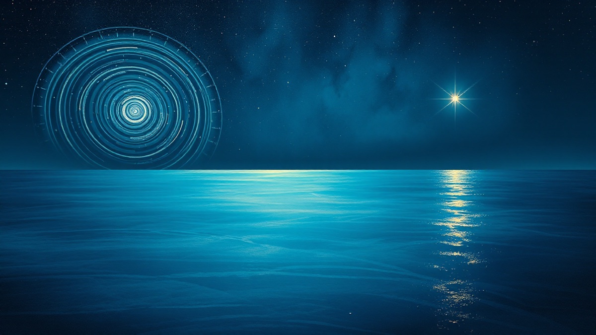 Indigo night ocean reflecting two glowing star formations in dialogue, symbolising deep chart reading versus pop-culture zodiac takes