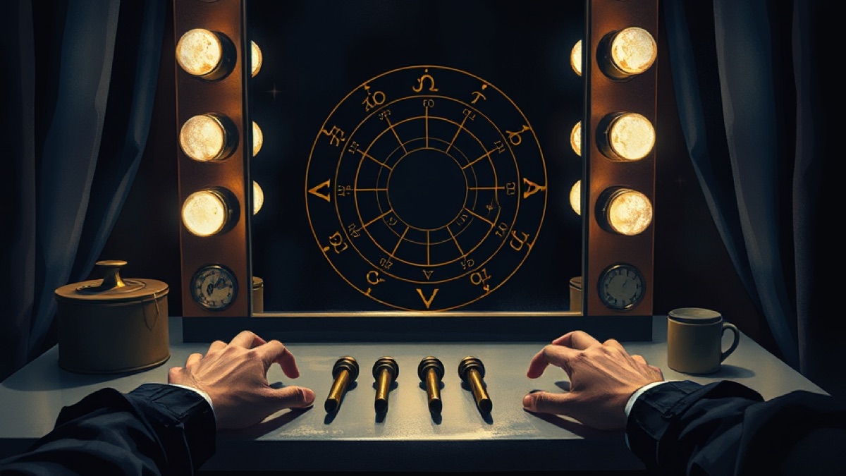 Hands lay four paired brass markers across a lit backstage vanity counter, an unlabeled circular zodiac wheel reflected in the mirror behind.