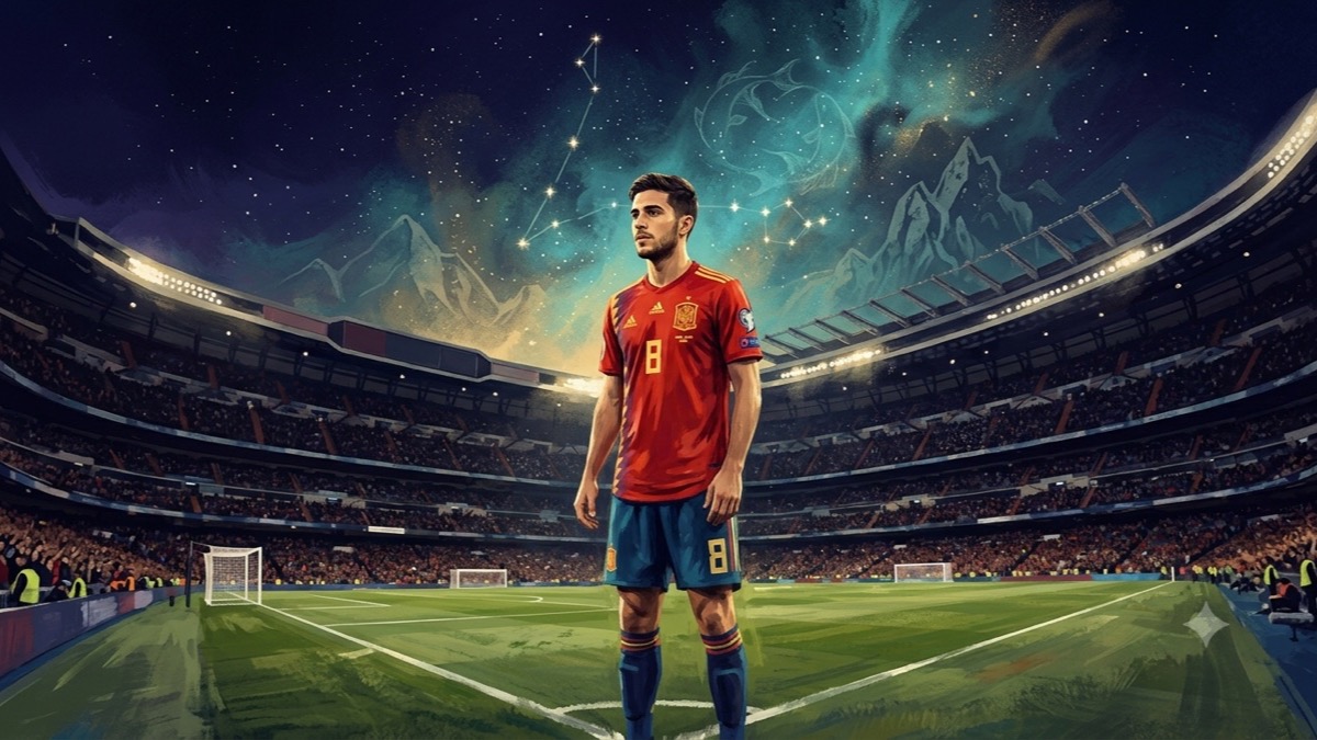 Stylized editorial portrait of Spanish footballer Ferran Torres under a celestial indigo sky with Pisces and Capricorn astrological symbols
