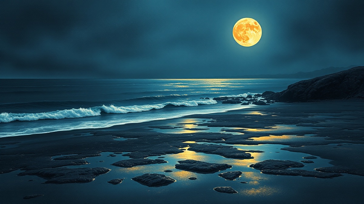 Moonlit tidal bay with silvered waves and gold horizon glow evoking Cancer's water, belonging, and homeland themes in Folarin Balogun's birth chart