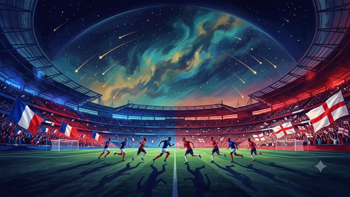 France and England players on a night pitch under a gold-and-indigo celestial sky for the third-place match