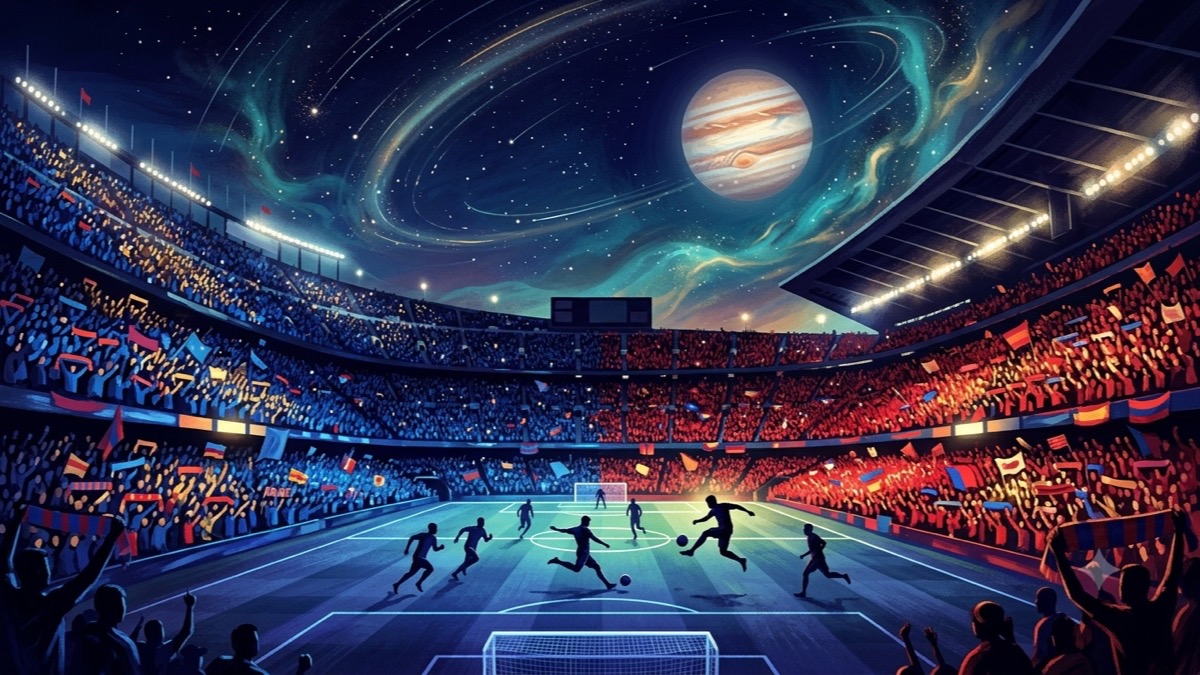 France vs Spain World Cup 2026 astrology matchup — stadium scene with blue and red fan banks under a celestial Jupiter sky